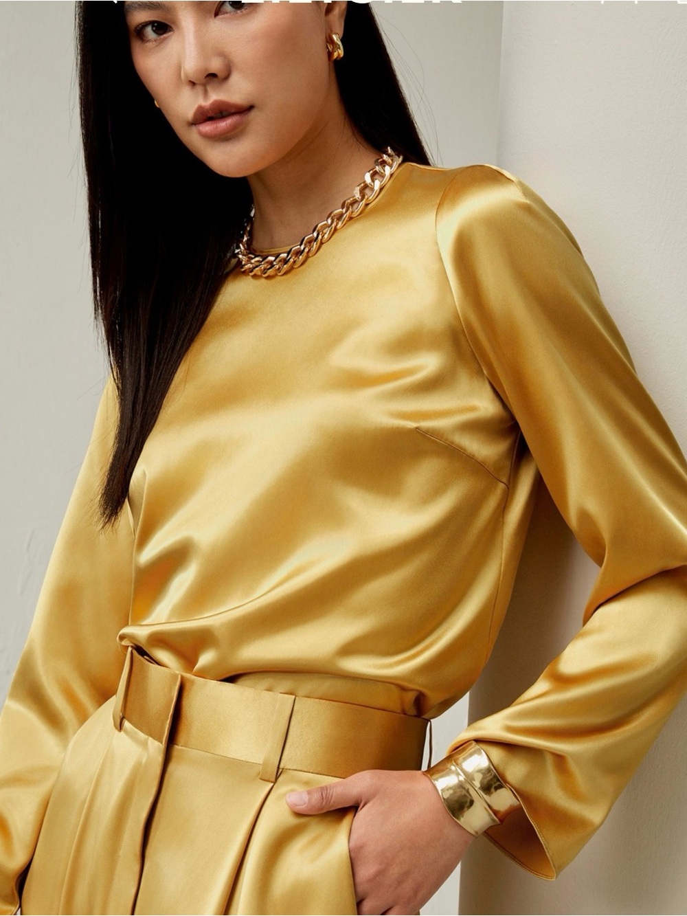 Lily silk silk Long-Sleeve Blouse in Gold Sz M